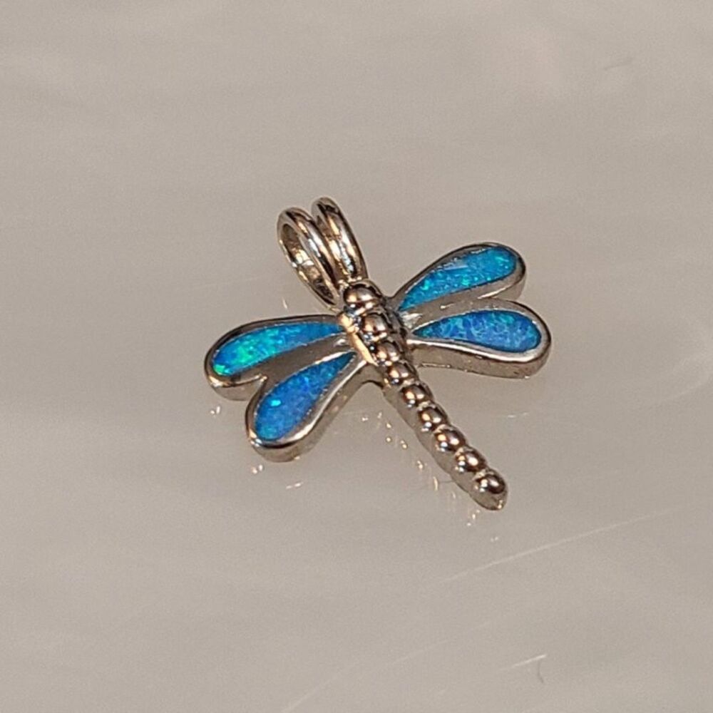 925 Sterling Silver Blue Opal Inlay Dragonfly Pendant Charm Insect Nature Jewelr